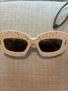 Loewe Cream Crystal-Studded Rectangular Sunglasses